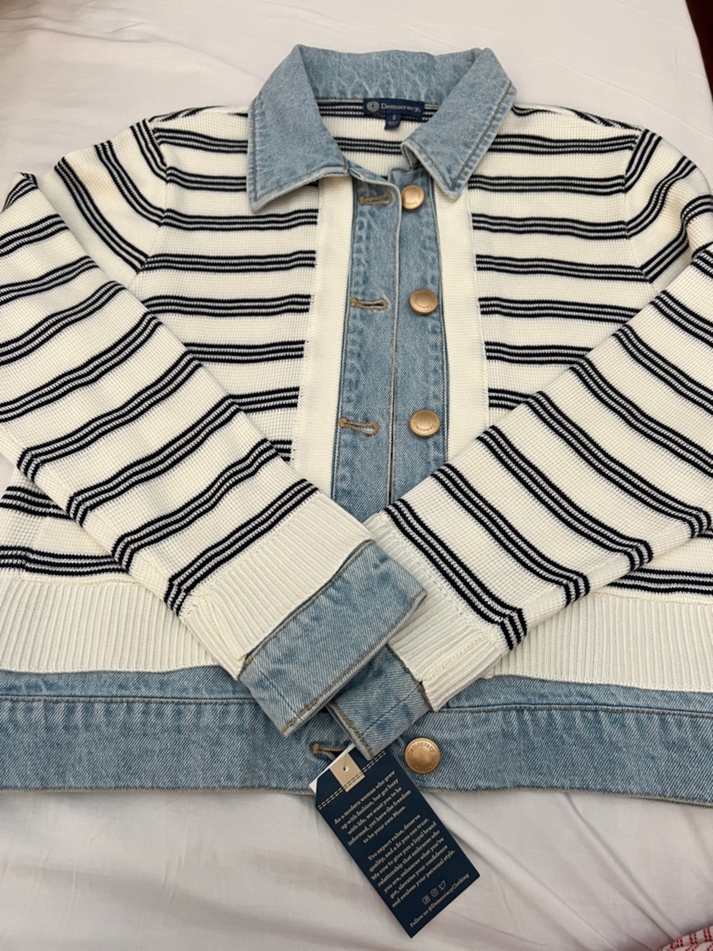 Democracy Striped Mixed Media Sweater Jacket with Denim Trim Small - Picture 5 of 6